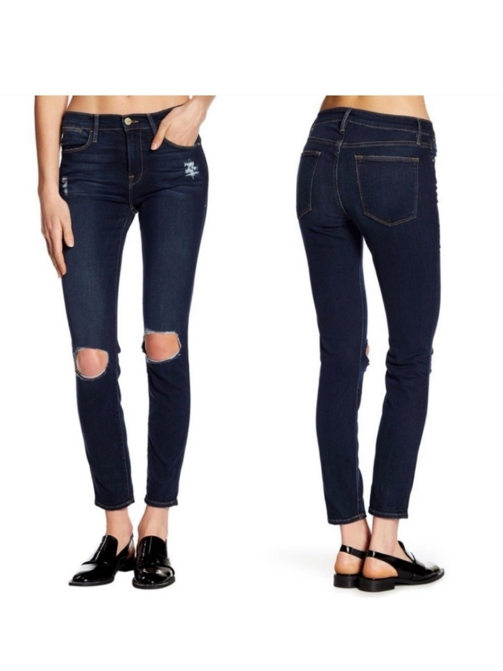 Frame- Le High Skinny Women's Dark Blue Distressed Knee Skinny Jeans